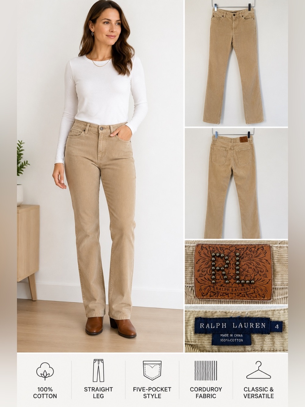 Ralph Lauren Beige Corduroy Straight Leg Pants Women’s Size 4 100% Cotton